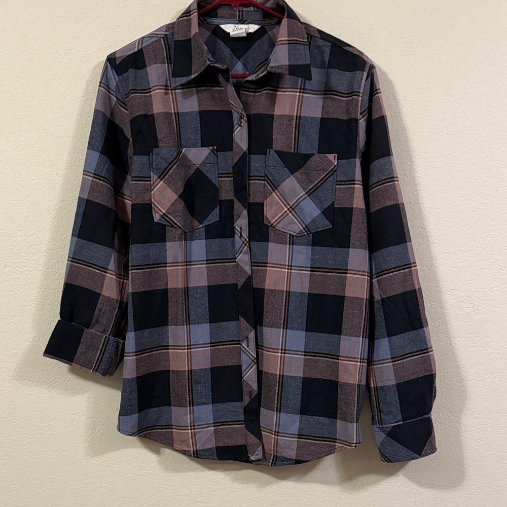 Natural Reflections Black and Blue Plaid Casual Button Down Shirt